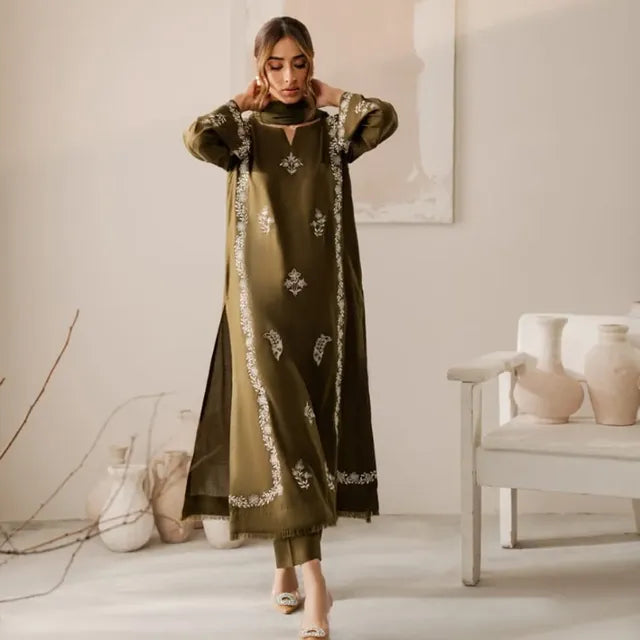 Dark Olive Embroidered Stitched outfit