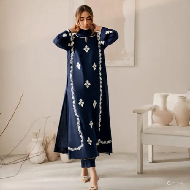 Navy Stone Embroidered Stitched outfit