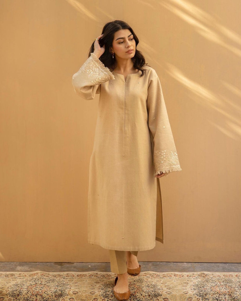 Beige Blossom - Dhanak Fabric 2-Piece Suit