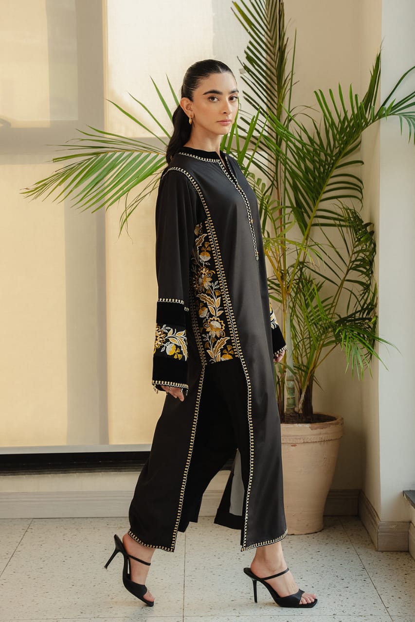 Midnight Flower Embroidery  Stiched|3-Piece