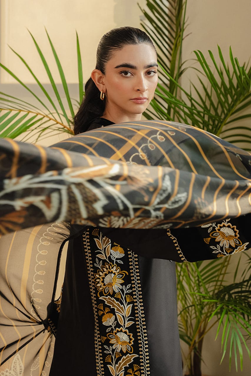 Midnight Flower Embroidery  Stiched|3-Piece