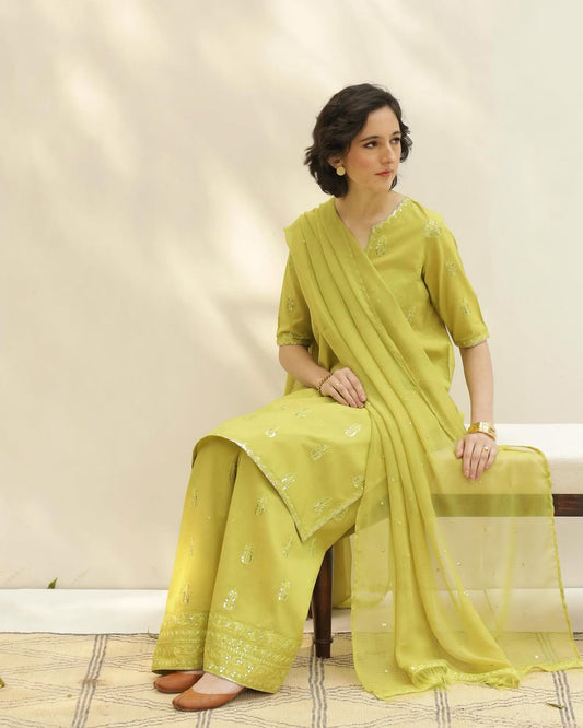 Lemon Green Lawn Stitched 3-Piece