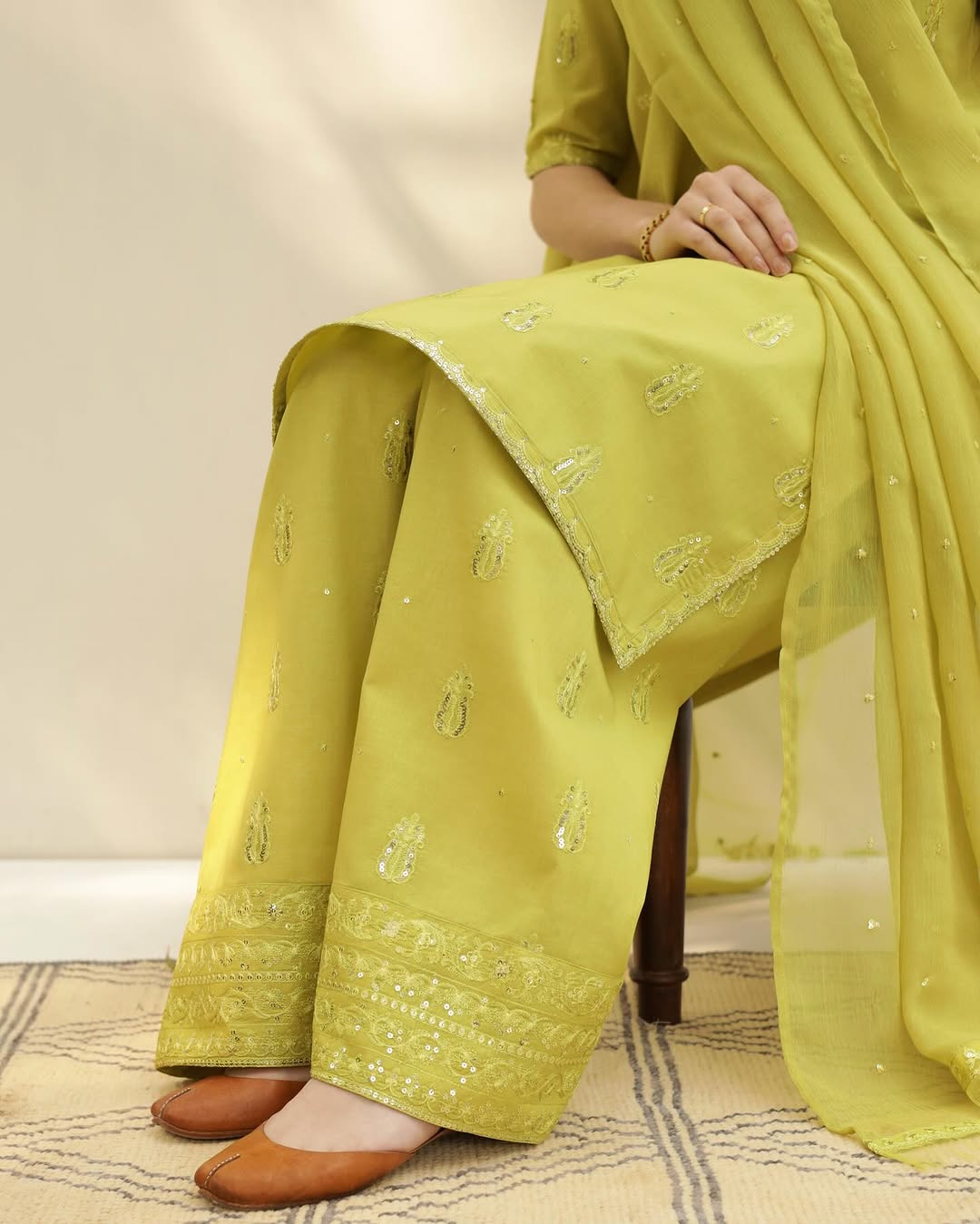 Lemon Green Lawn Stitched 3-Piece