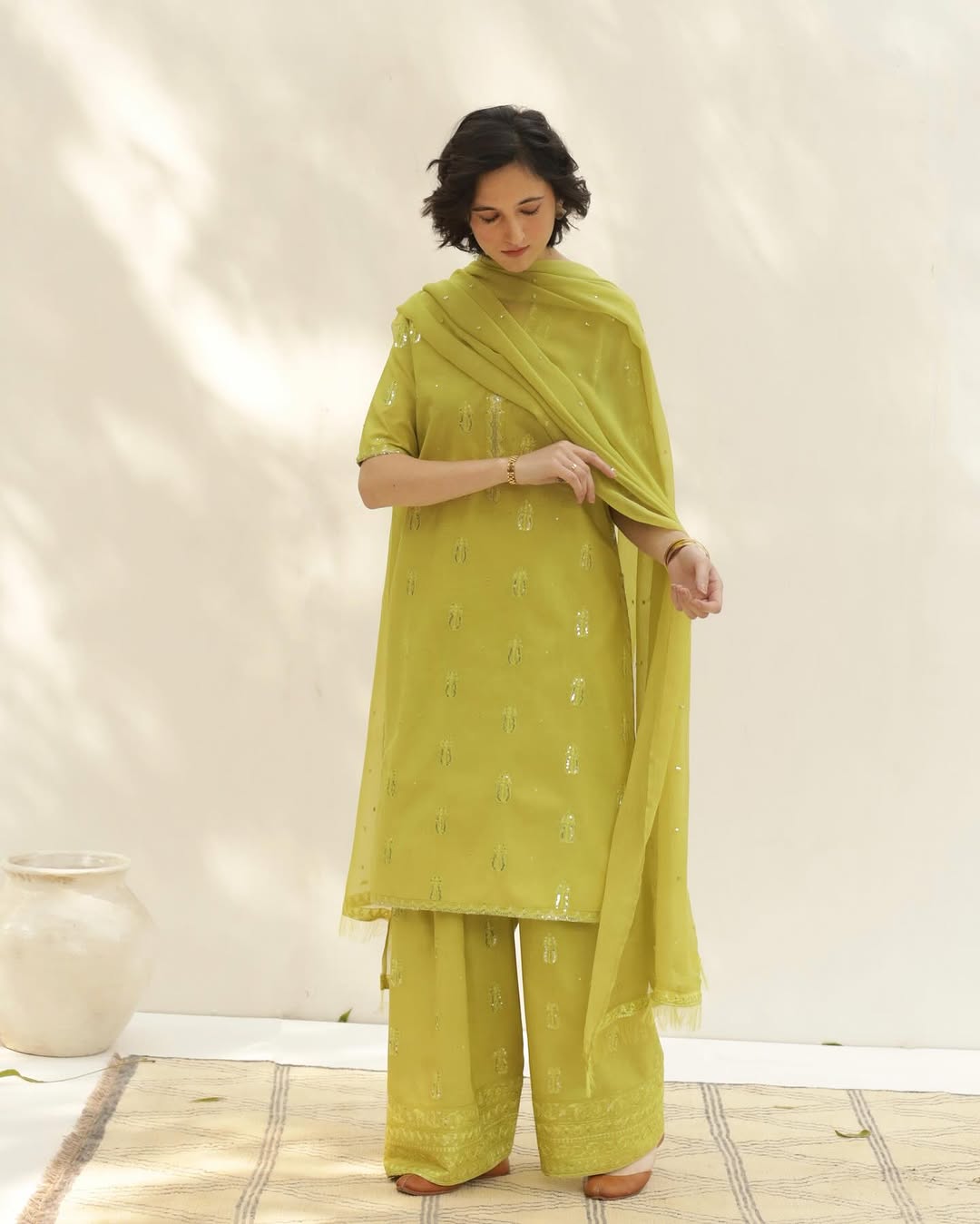 Lemon Green Lawn Stitched 3-Piece