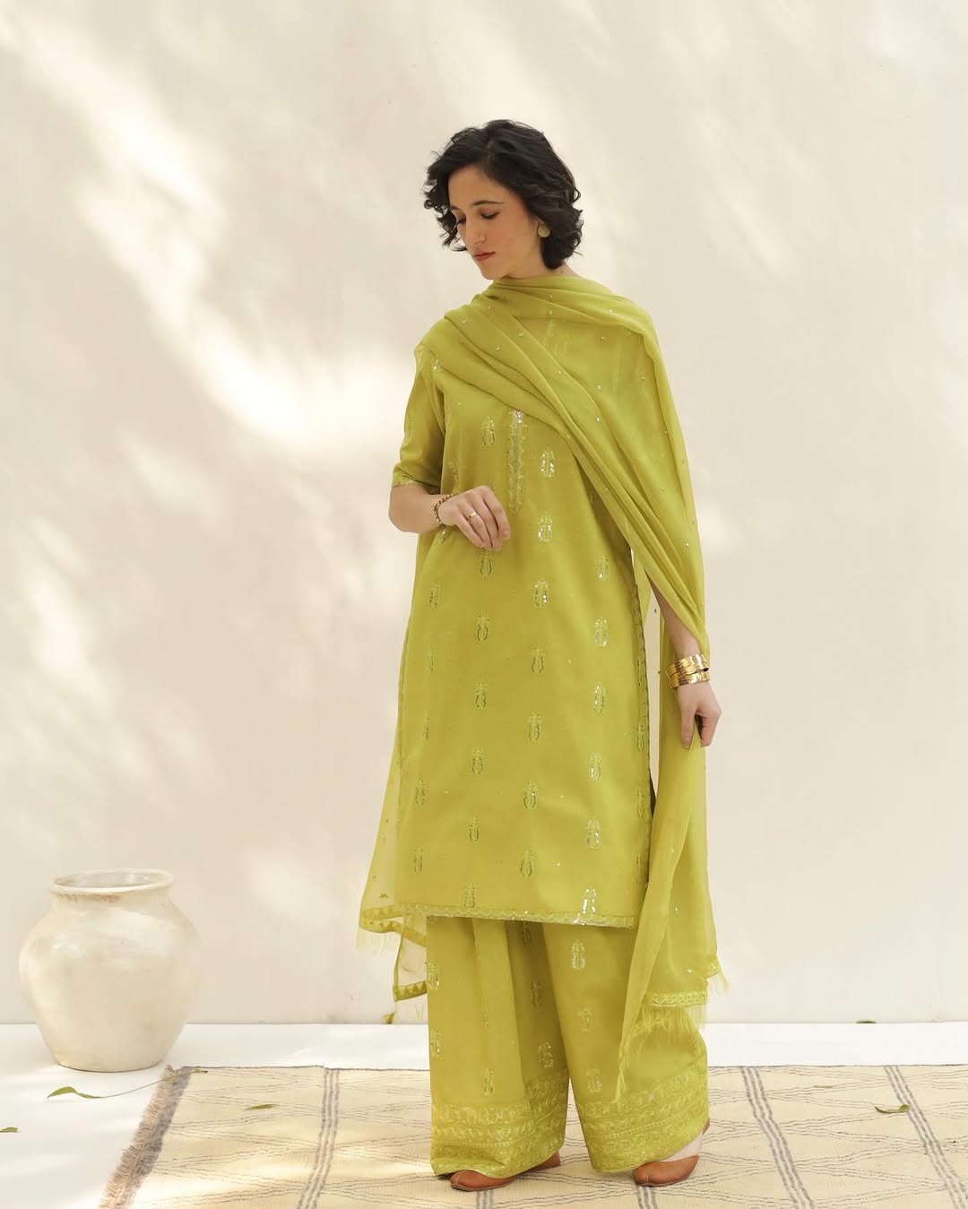 Lemon Green Lawn Stitched 3-Piece