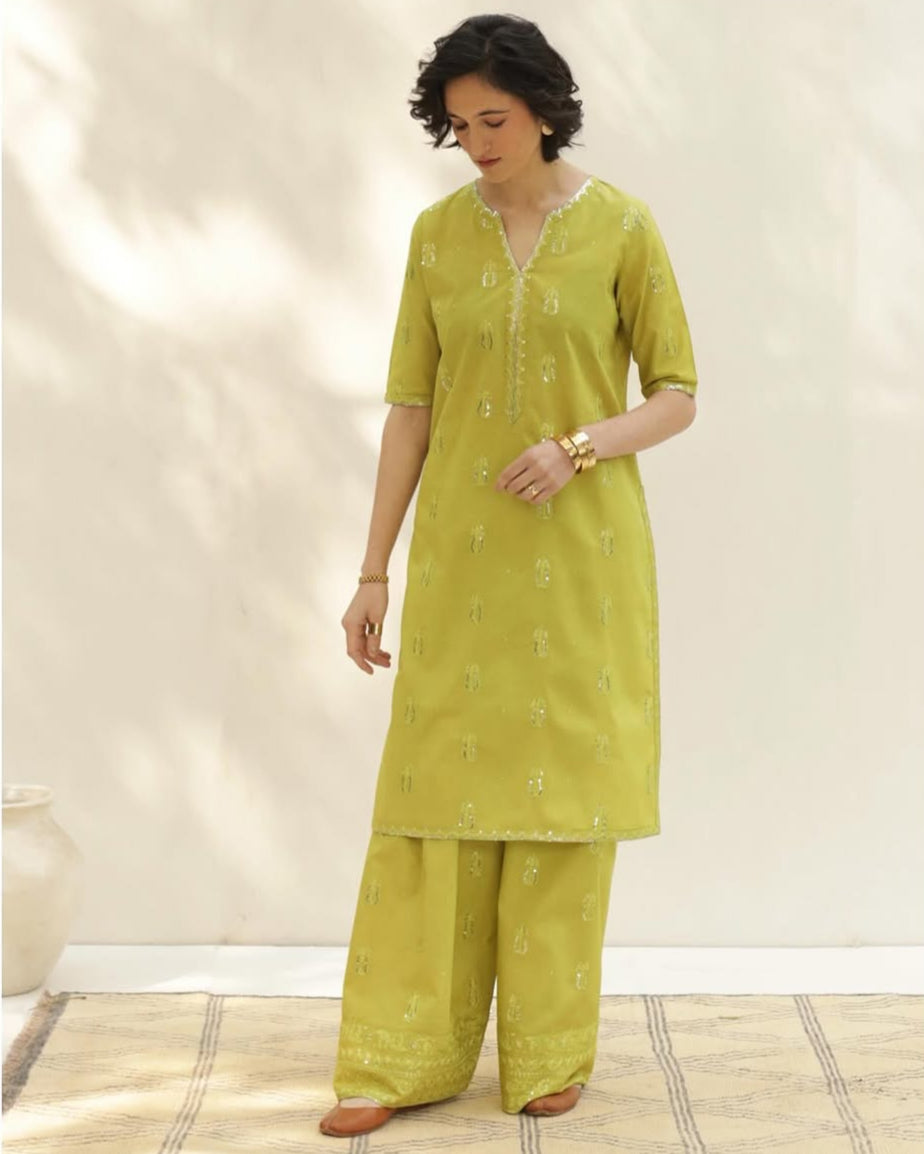 Lemon Green Lawn Stitched 3-Piece