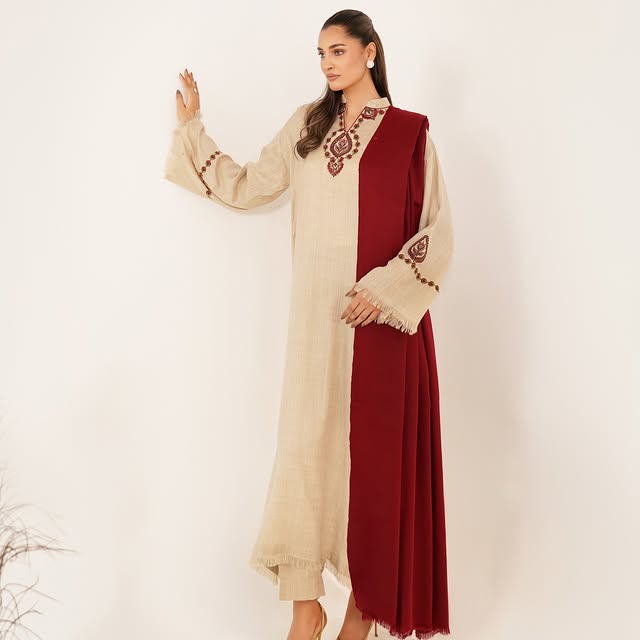 Beige 🌕 Stitched Embroidered Dress