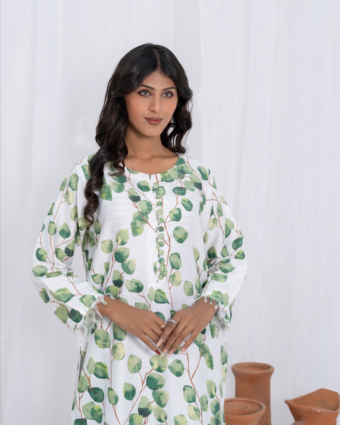 Leaf Print Cotton Satin 2-piece
