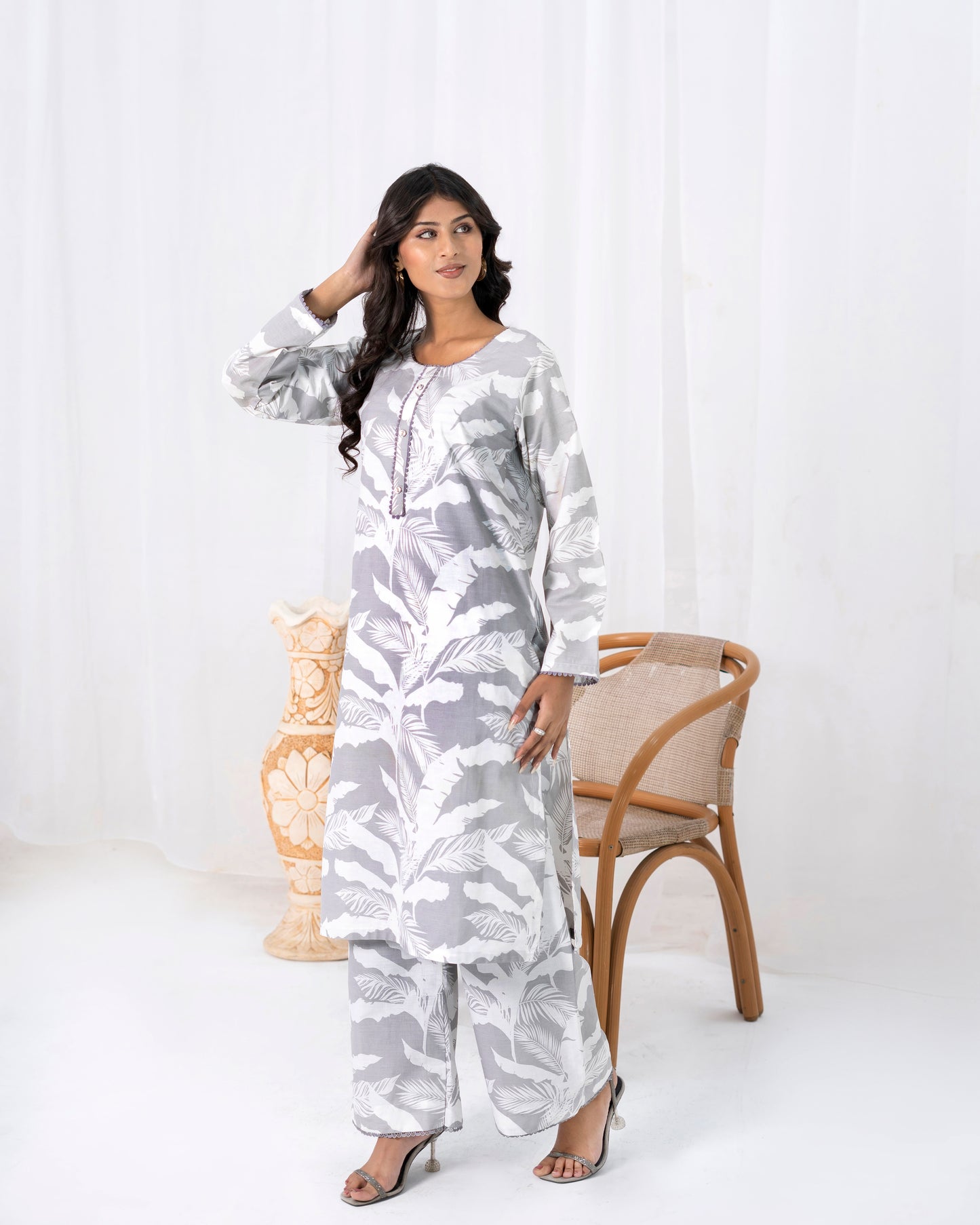 Gray White Print Cotton 2-piece