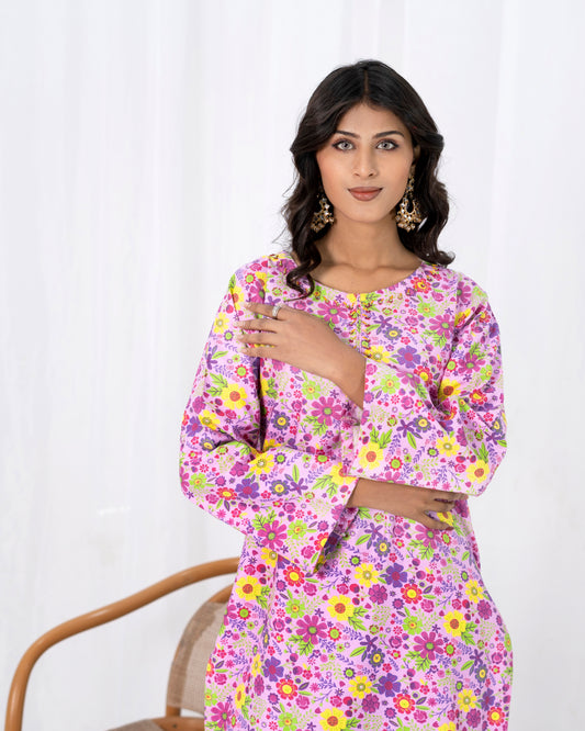 Pink Print Cotton Satin 2-piece