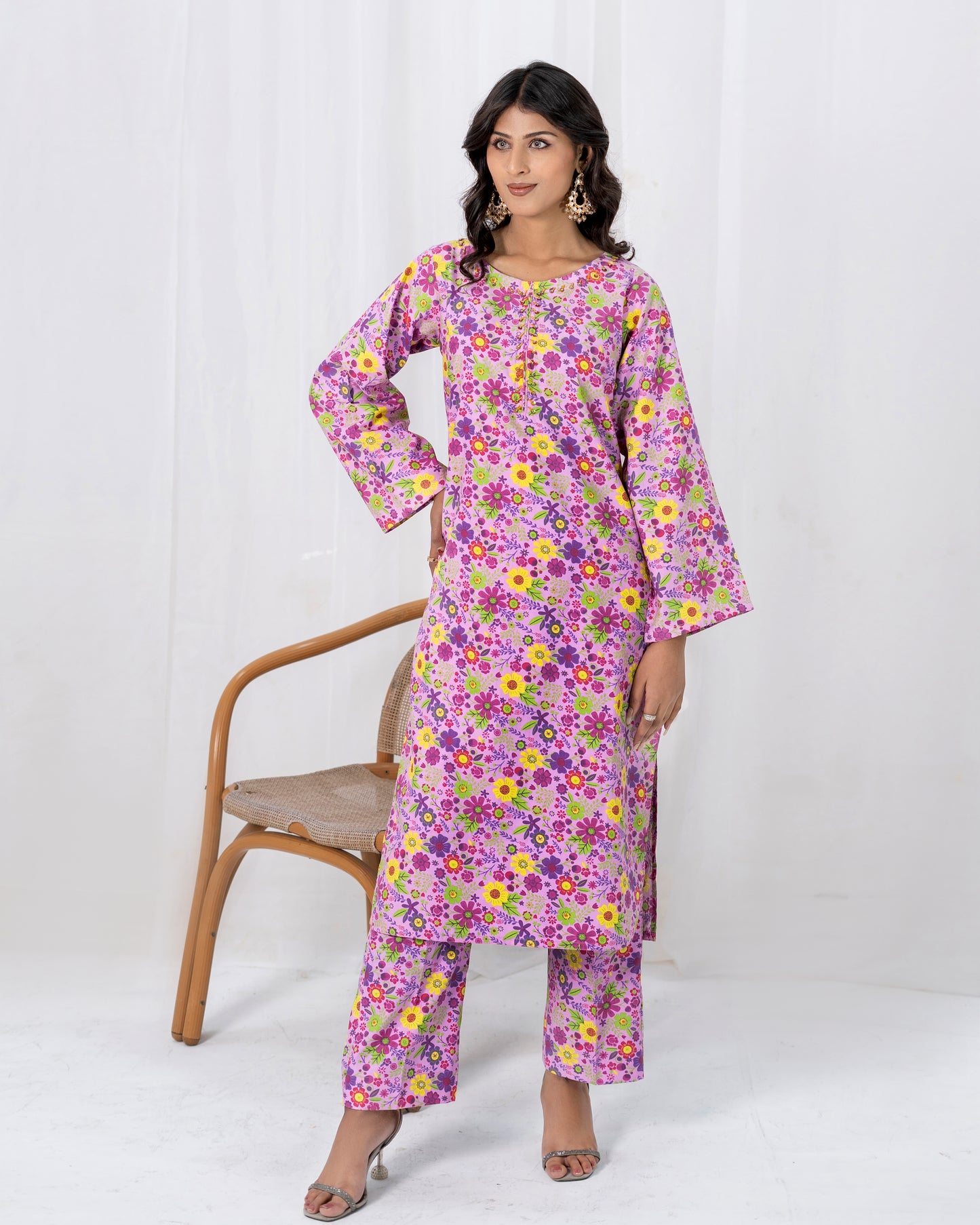 Pink Print Cotton Satin 2-piece