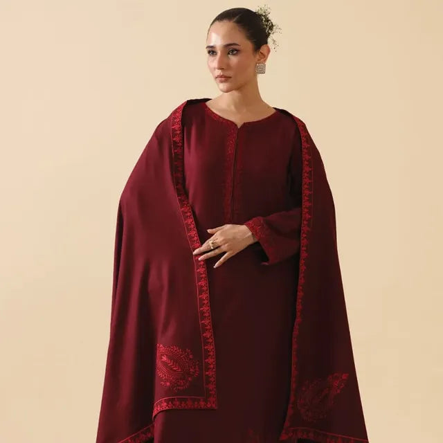 Deep Red ♥️ Embroidered Stitched 3-piece