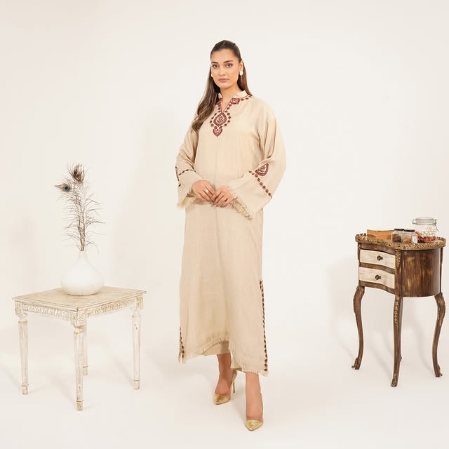 Beige 🌕 Stitched Embroidered Dress