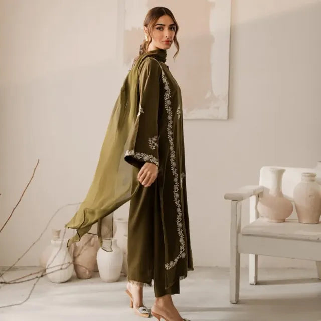 Dark Olive Embroidered Stitched outfit