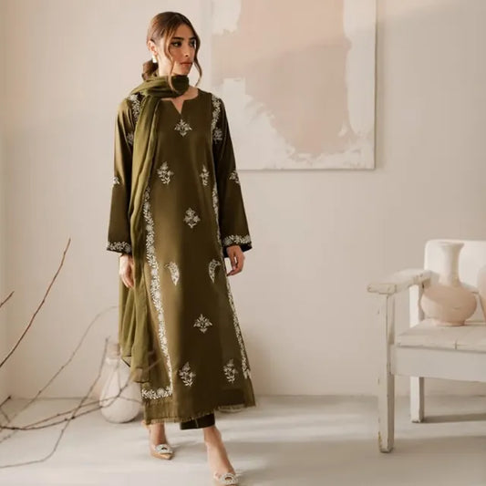 Dark Olive Embroidered Stitched outfit