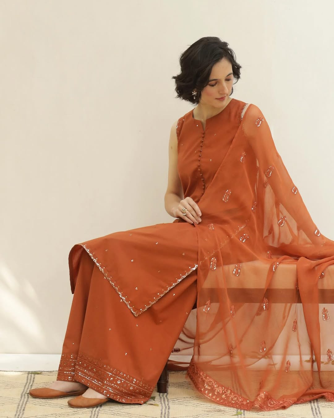 Rust 🍁Full Sleeve's Lawn Stitched 🪡 Dress