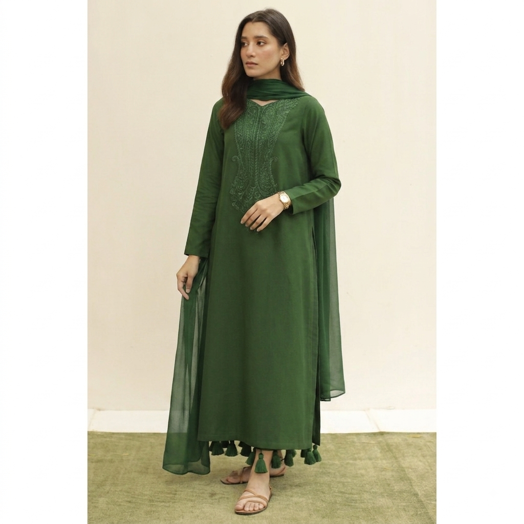 Bottle Green 🌿 Full Sleeve's 3-Piece Stitched Outfit
