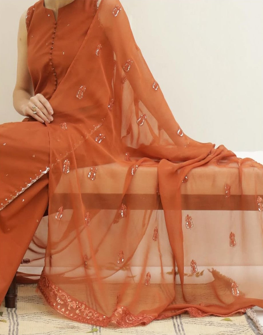 Rust 🍁Full Sleeve's Lawn Stitched 🪡 Dress