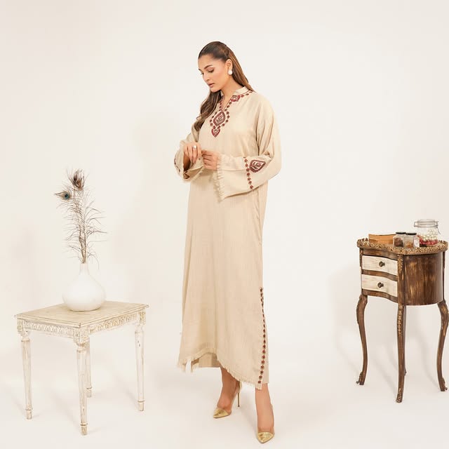 Beige 🌕 Stitched Embroidered Dress