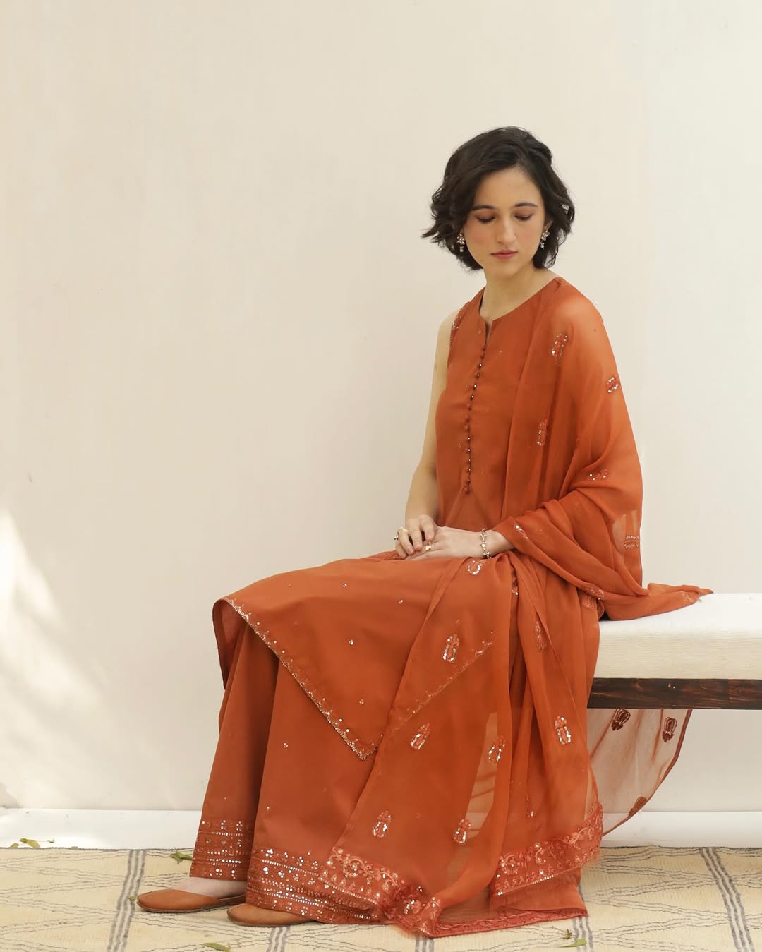 Rust 🍁Full Sleeve's Lawn Stitched 🪡 Dress