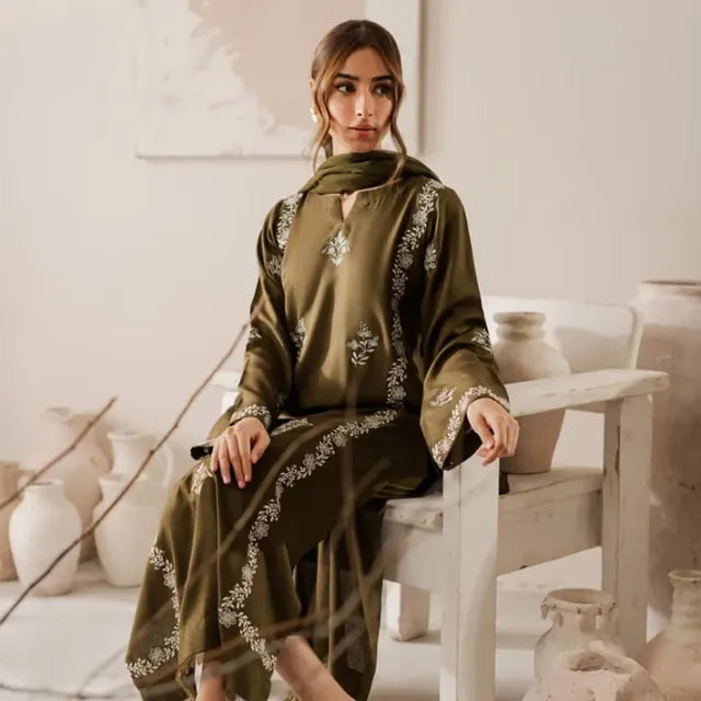 Dark Olive Embroidered Stitched outfit