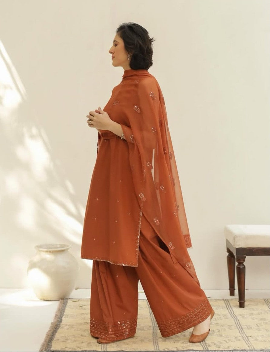 Rust 🍁Full Sleeve's Lawn Stitched 🪡 Dress