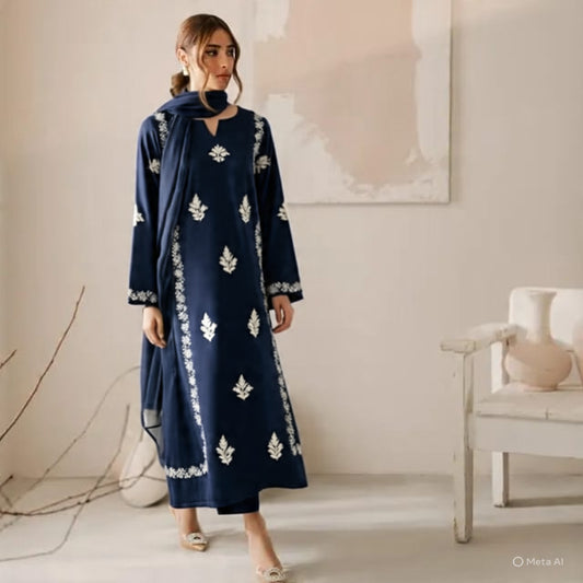 Navy Stone Embroidered Stitched outfit